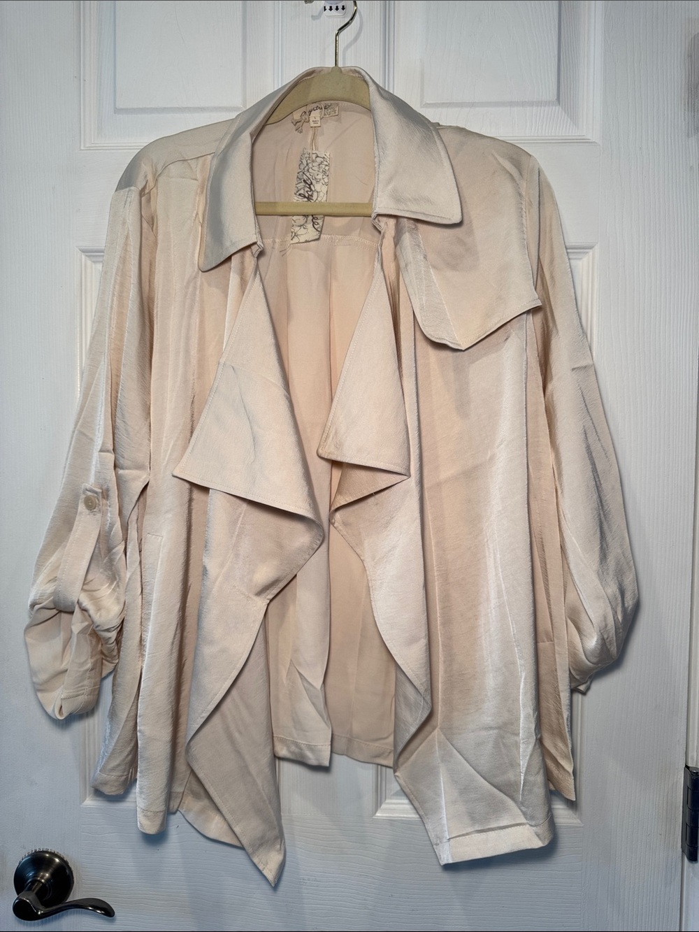 Mystree Light Cream Draped Women's Jacket - Elegant Open Front Coat Large